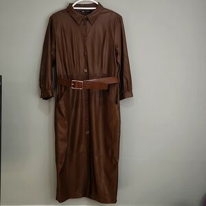 Zara NWT Faux Leather Vegan Chocolate Shirt Dress With Belt M Fabulous